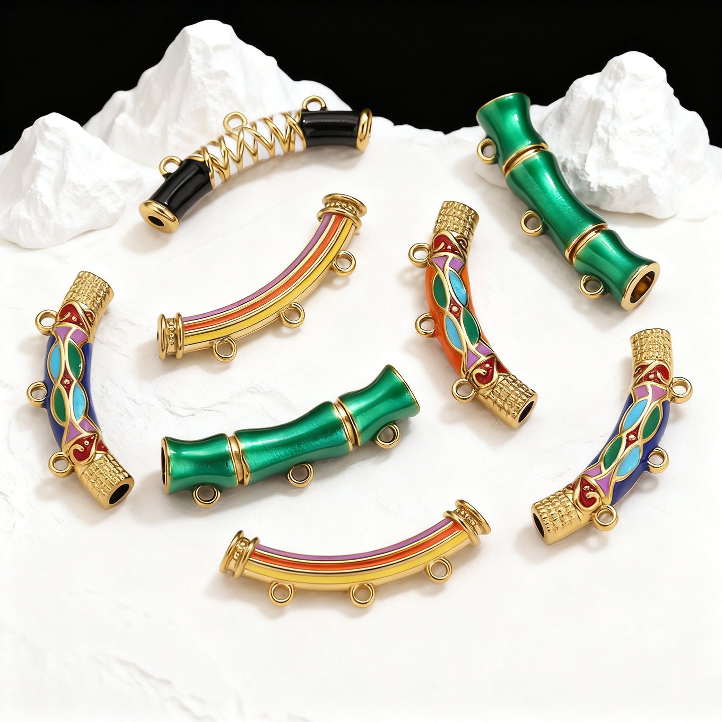 Vintage Ethnic Enamel Curved Tube Charms - Bamboo-Style Stainless Steel Bracelet Connection Tubes | DIY Jewelry Accessories