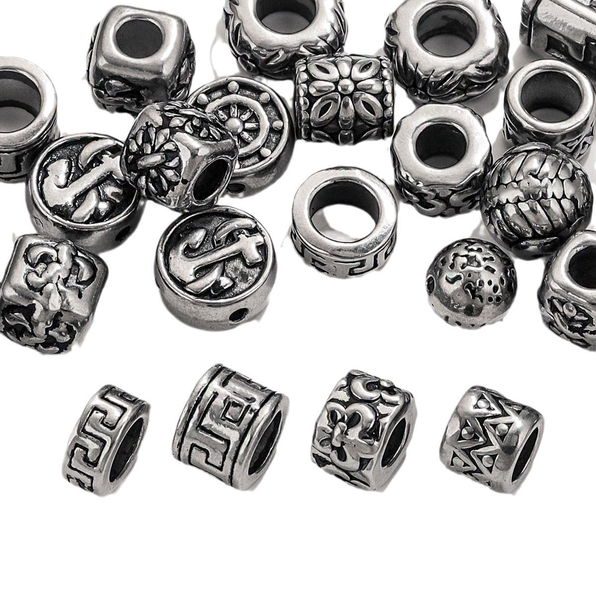 Vintage Blackened Stainless Steel Beads - Six-Word Mantra & Swastika Pattern for DIY Bracelet, Titanium Steel Stringing Beads
