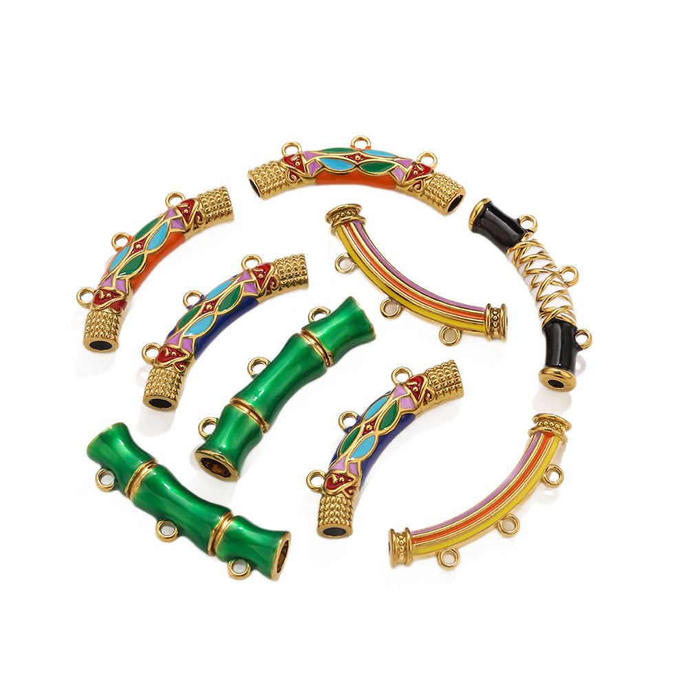Vintage Ethnic Enamel Curved Tube Charms - Bamboo-Style Stainless Steel Bracelet Connection Tubes | DIY Jewelry Accessories