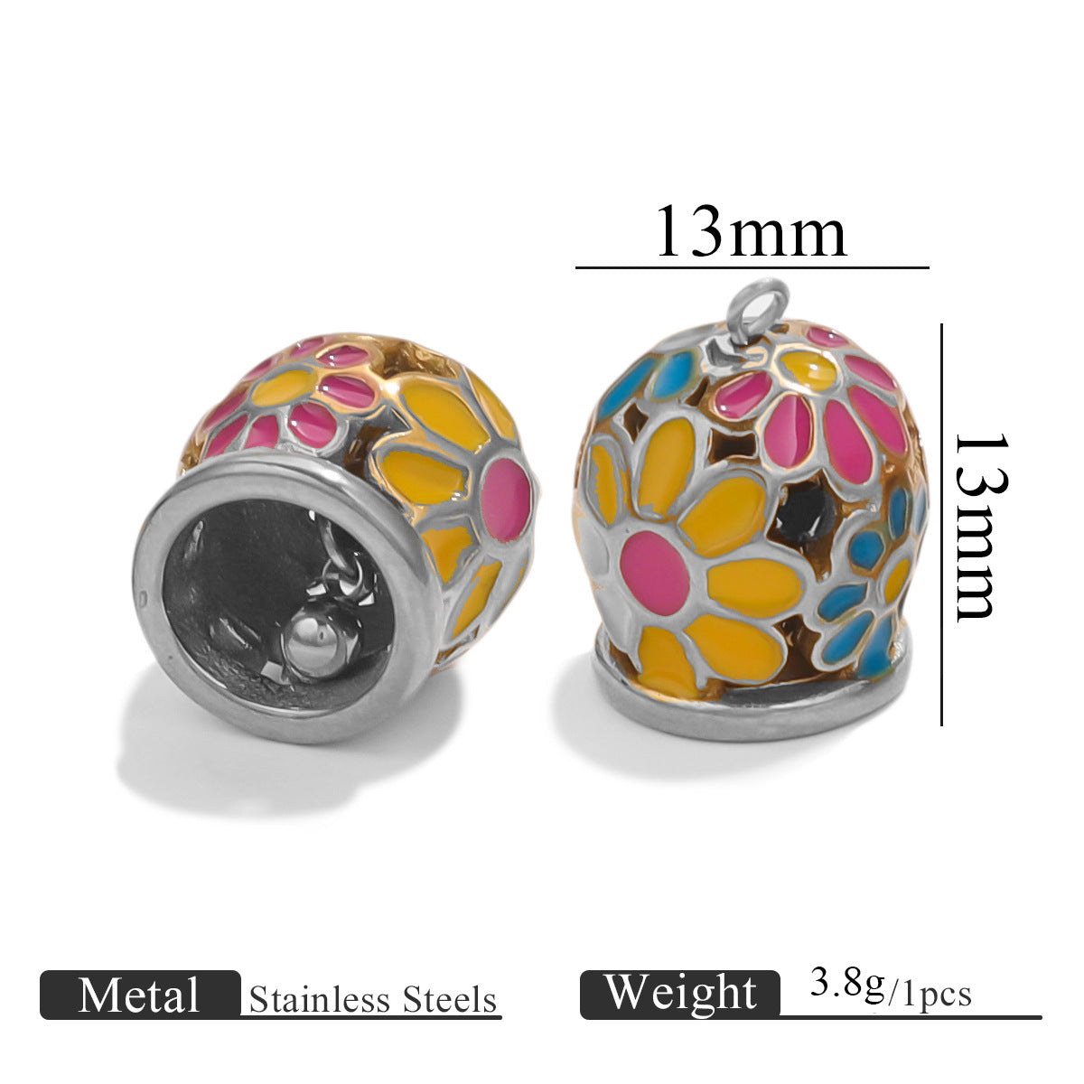 Stainless Steel Enamel Bell Pendants, DIY Jewelry Accessories for Bracelets/Anklets, Ideal for Leather Cord & Red Cord Connections