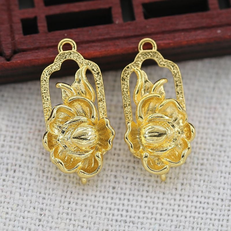 2PCS 24K Gold Plated Brass Lotus Connector Charm 11x21mm, Double-Hole DIY Focal Pendant, Fade-Resistant Hairpin Headdress Finding for Chinese Style Jewelry