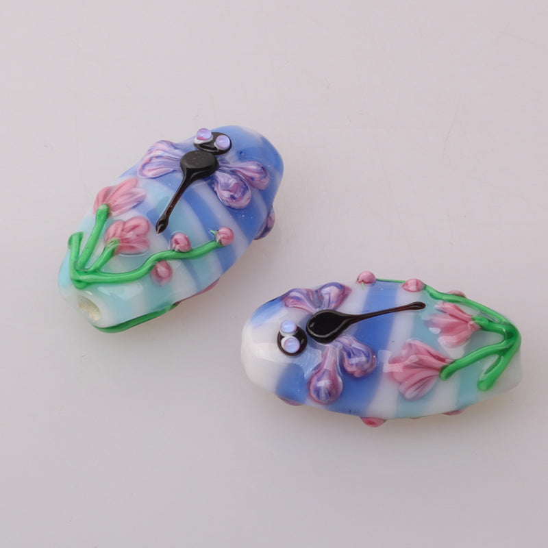 Murano Handmade Blue Glass Beads with Dragonfly, Butterfly & Flower, Custom DIY Jewelry Supplies