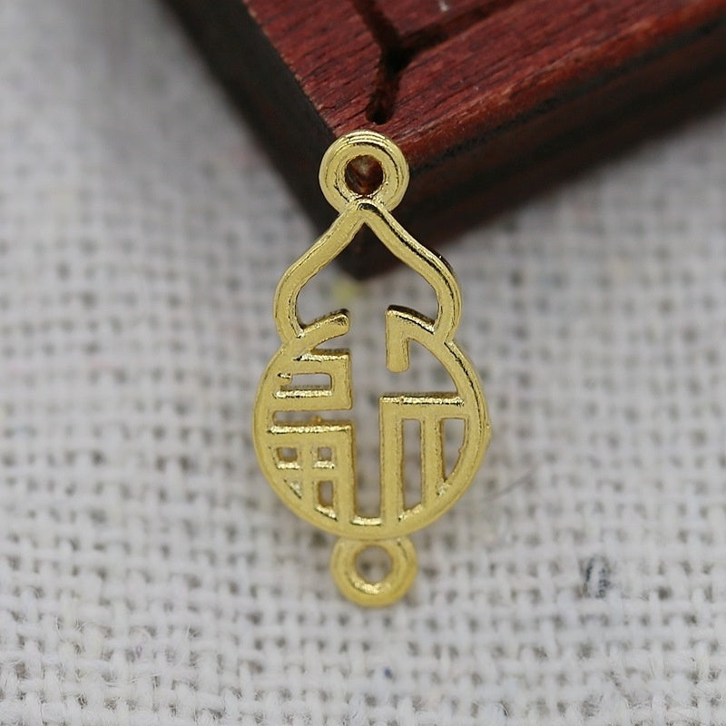 14x7MM 24K Real Gold Plated Double Bail Gourd Charm, Chinese 'Fu' Symbol Connector, Lucky Pendant for DIY Jewelry Making