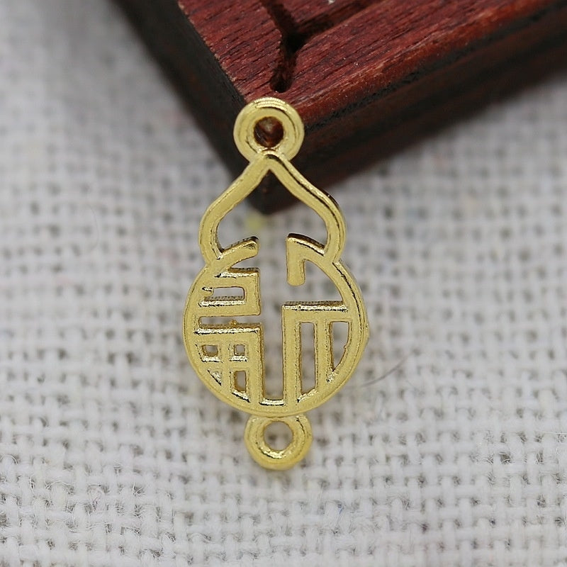 14x7MM 24K Real Gold Plated Double Bail Gourd Charm, Chinese 'Fu' Symbol Connector, Lucky Pendant for DIY Jewelry Making