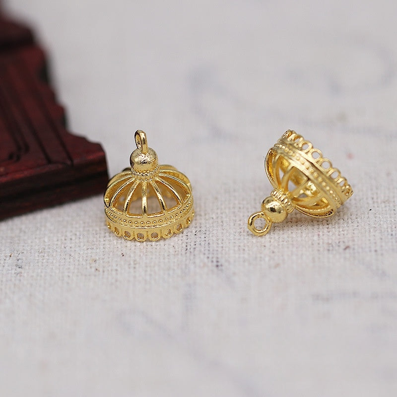 2PCS 24K Gold Plated Brass Tassel Bead Cap Charm 11x12mm, Fade-Resistant DIY Flower End Cap for Hairpins, Earrings, and Chinese Style Jewelry