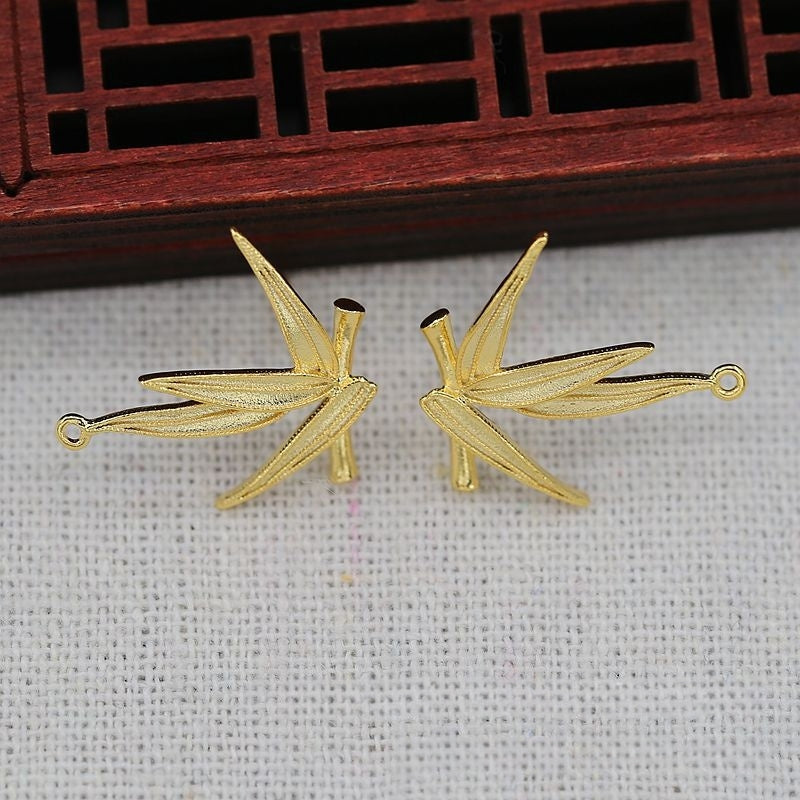 1Pair 20x22mm 24K Gold Plated Bamboo Leaf Stud Earrings | Brass Vintage Style DIY Jewelry
