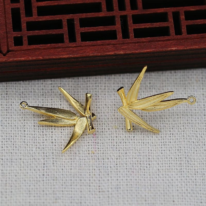 1Pair 20x22mm 24K Gold Plated Bamboo Leaf Stud Earrings | Brass Vintage Style DIY Jewelry