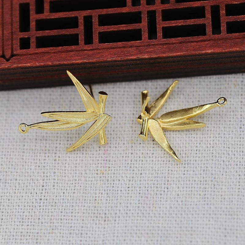 1Pair 20x22mm 24K Gold Plated Bamboo Leaf Stud Earrings | Brass Vintage Style DIY Jewelry