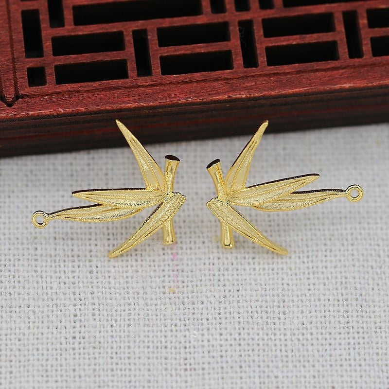 1Pair 20x22mm 24K Gold Plated Bamboo Leaf Stud Earrings | Brass Vintage Style DIY Jewelry