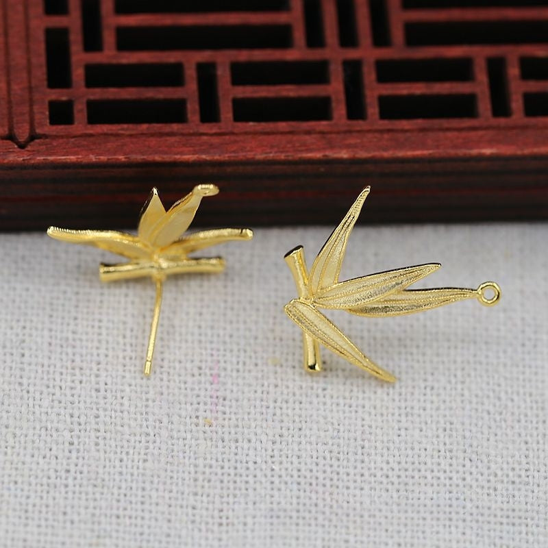 1Pair 20x22mm 24K Gold Plated Bamboo Leaf Stud Earrings | Brass Vintage Style DIY Jewelry