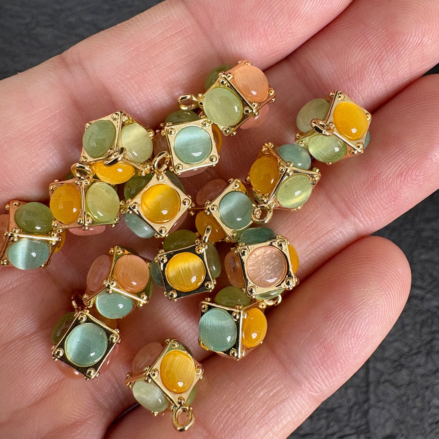 Multicolor Cat Eye Cube Charms, Gold Tone Jewelry Making Pendant