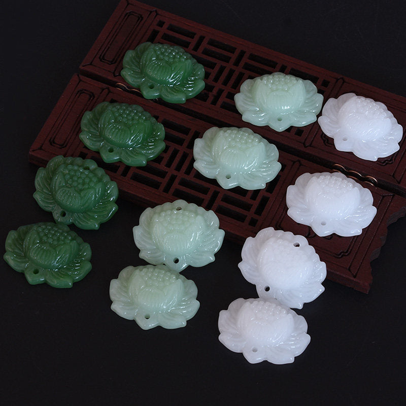 Glass Lotus Flower Beads, 30x24mm, Double Hole, Handmade Jewelry Making Supplies, Green/Light Green/White, 2pcs