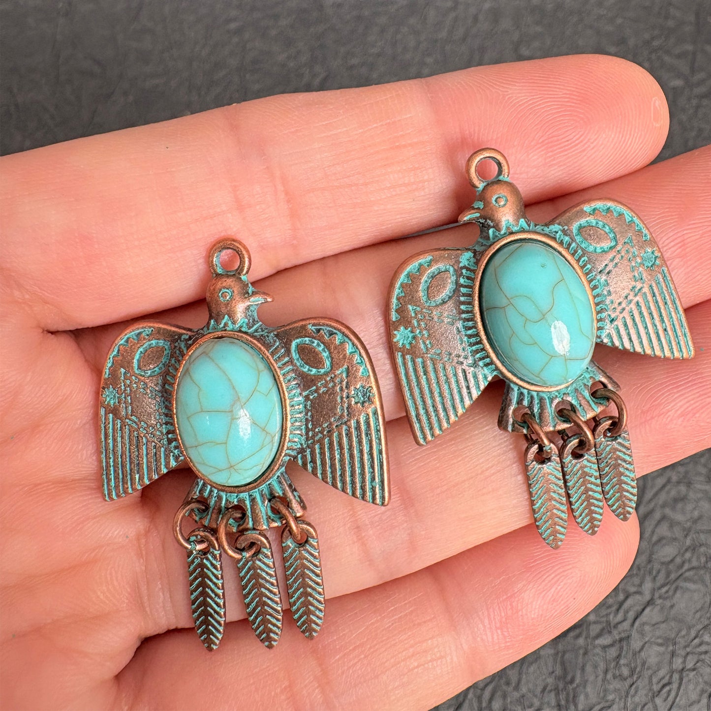 2PCS Turquoise Patina Copper Thunderbird Charms, Native American Style Eagle Pendant for DIY Jewelry