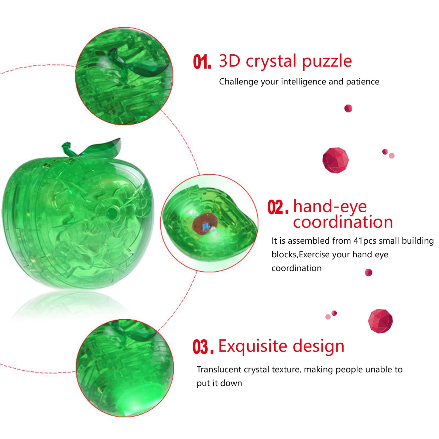 3D Crystal Puzzle Apple, Crystal Puzzle Brainteasers for Puzzlers Ages 16 and Up, 45PCS
