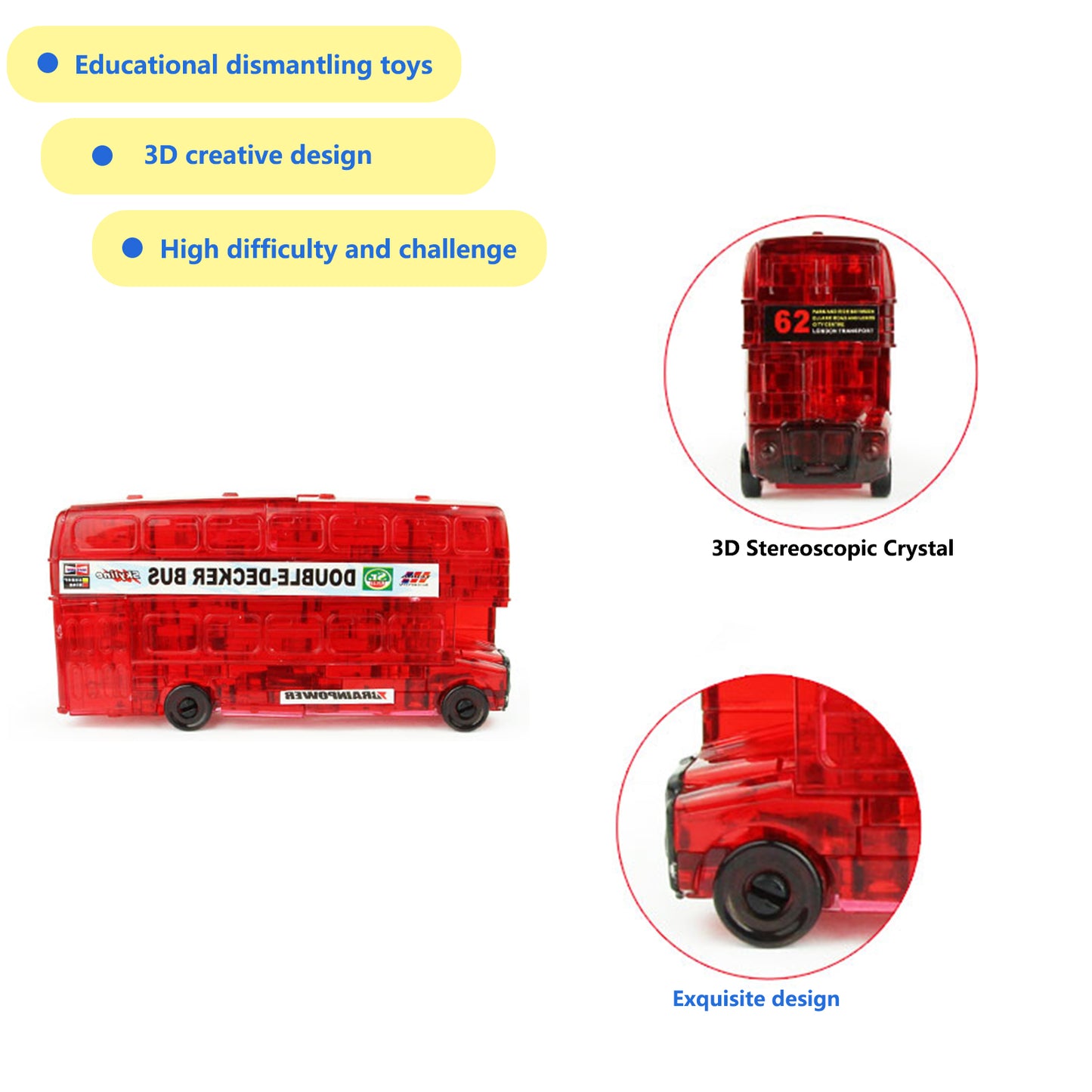3D Crystal Puzzle Double Decker Bus, Crystal Puzzle Brainteasers for Puzzlers Ages 16 and Up,54PCS