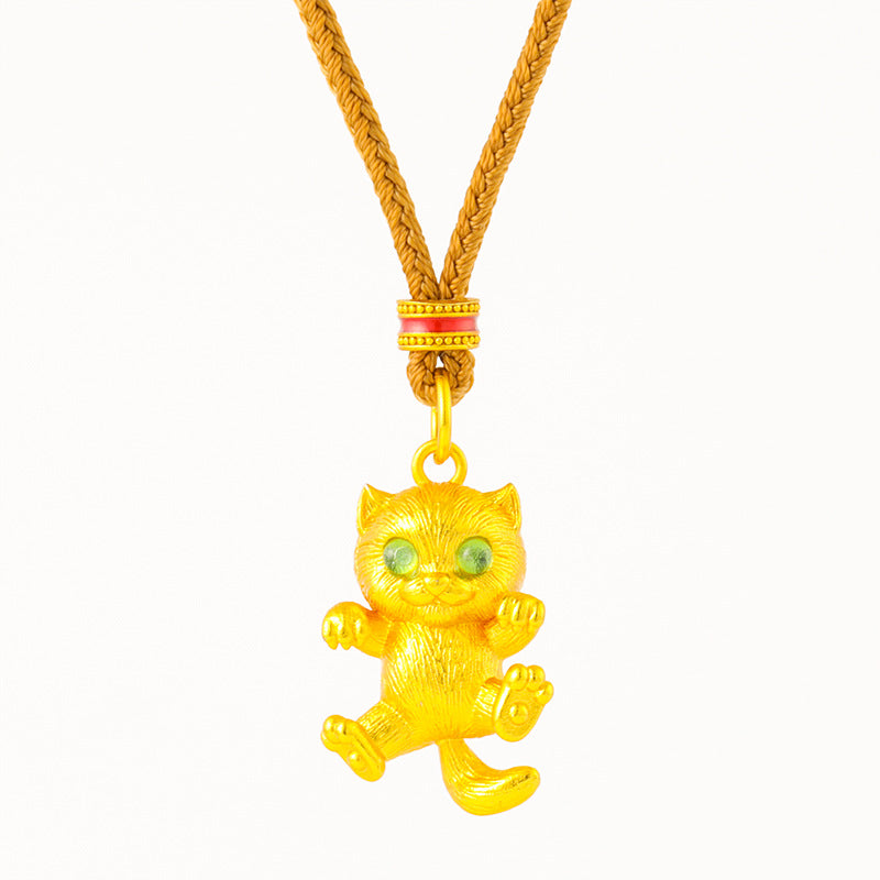 24K Gold Plated Cat Pendant, Brushed Green Eyes Lucky Charm for Necklace Making