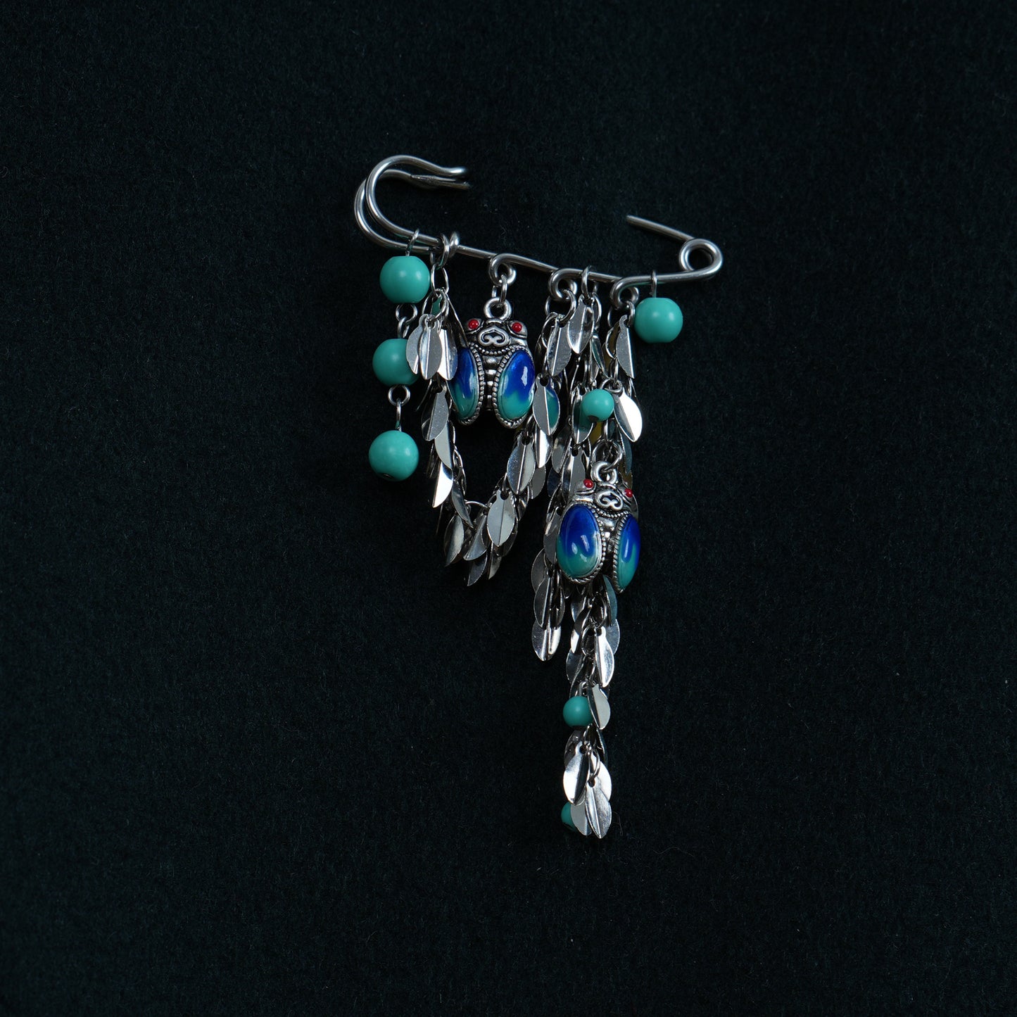 Vintage Cloisonne Enamel Cicada Brooch, Boho Turquoise Dangle Safety Pin, Ethnic Silver Tone Leaf Tassel Brooch, Unique Gift for Her