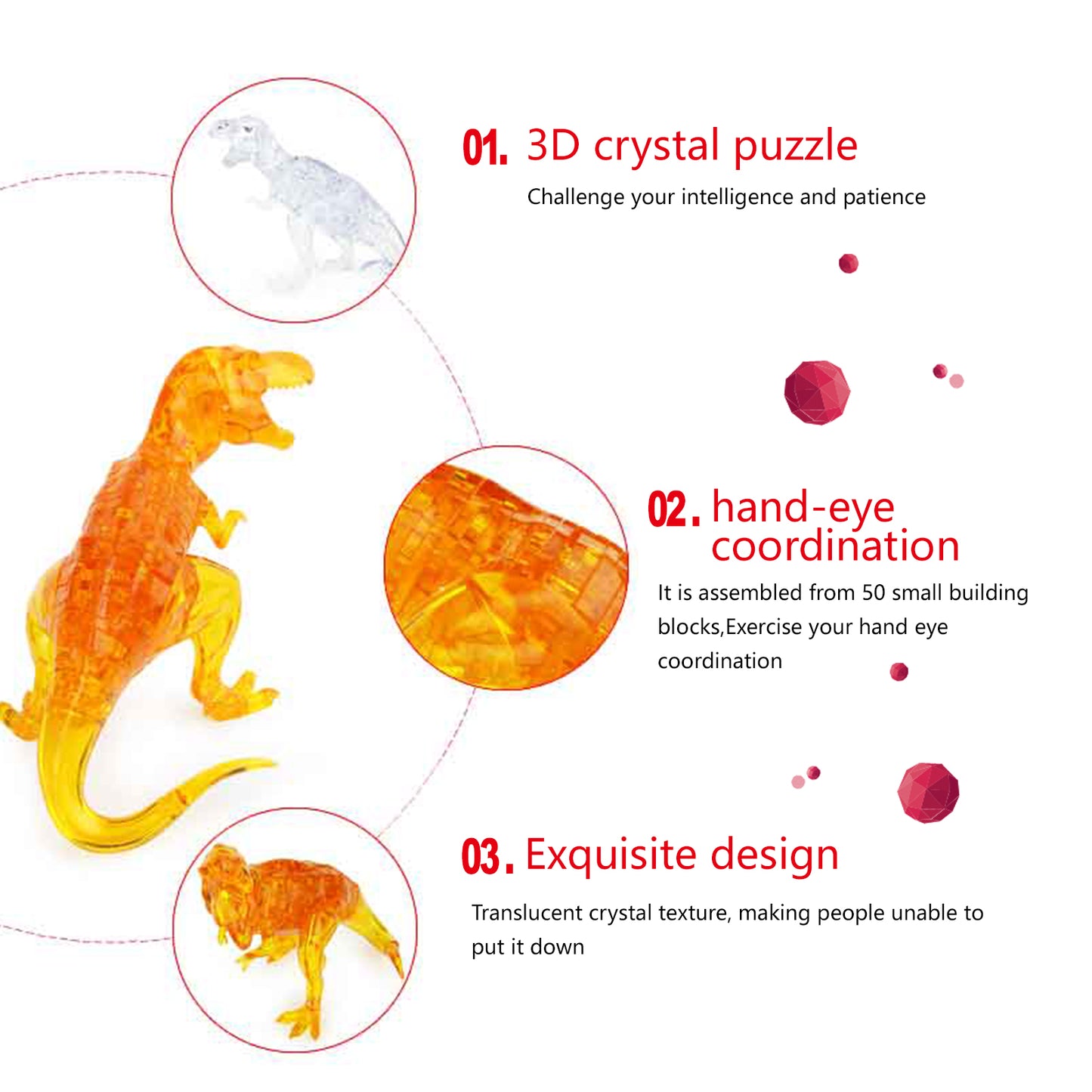 3D Crystal Puzzle Dinosaur, Crystal Puzzle Brainteasers for Puzzlers Ages 16 and Up, 50PCS