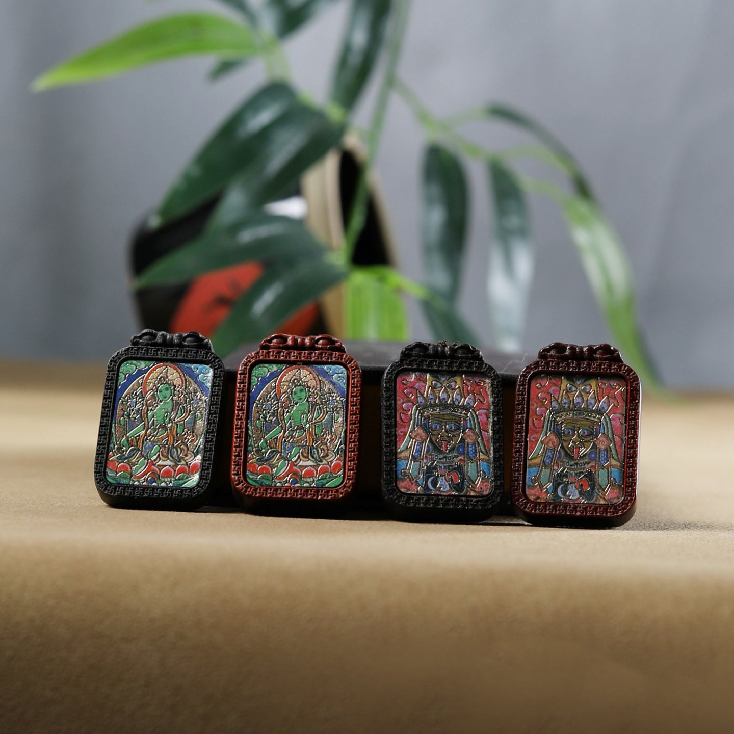 Handmade Agarwood Painted Green Tara Dzi Ram Pendant Accessories - DIY Jewelry Making Supplies for Spiritual Craft
