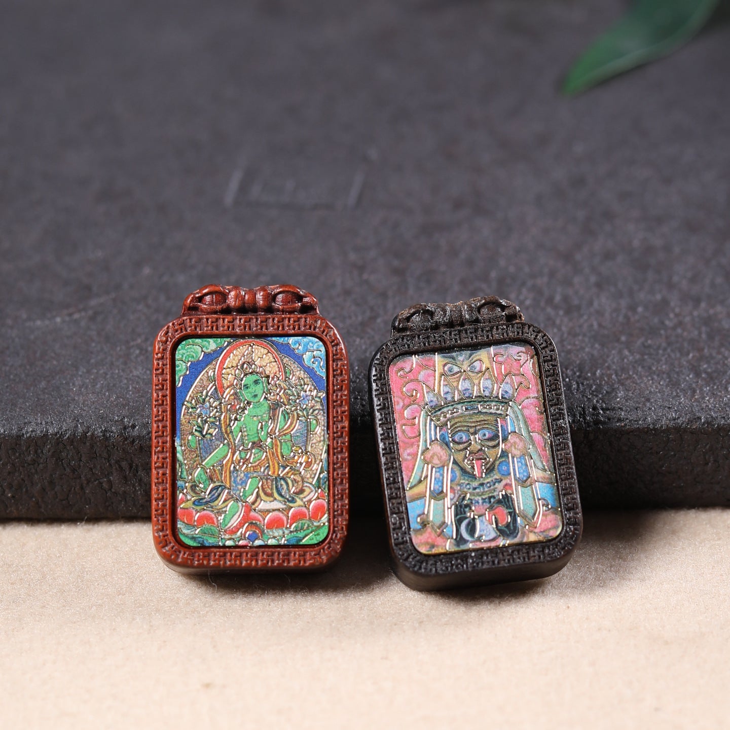 Handmade Agarwood Painted Green Tara Dzi Ram Pendant Accessories - DIY Jewelry Making Supplies for Spiritual Craft