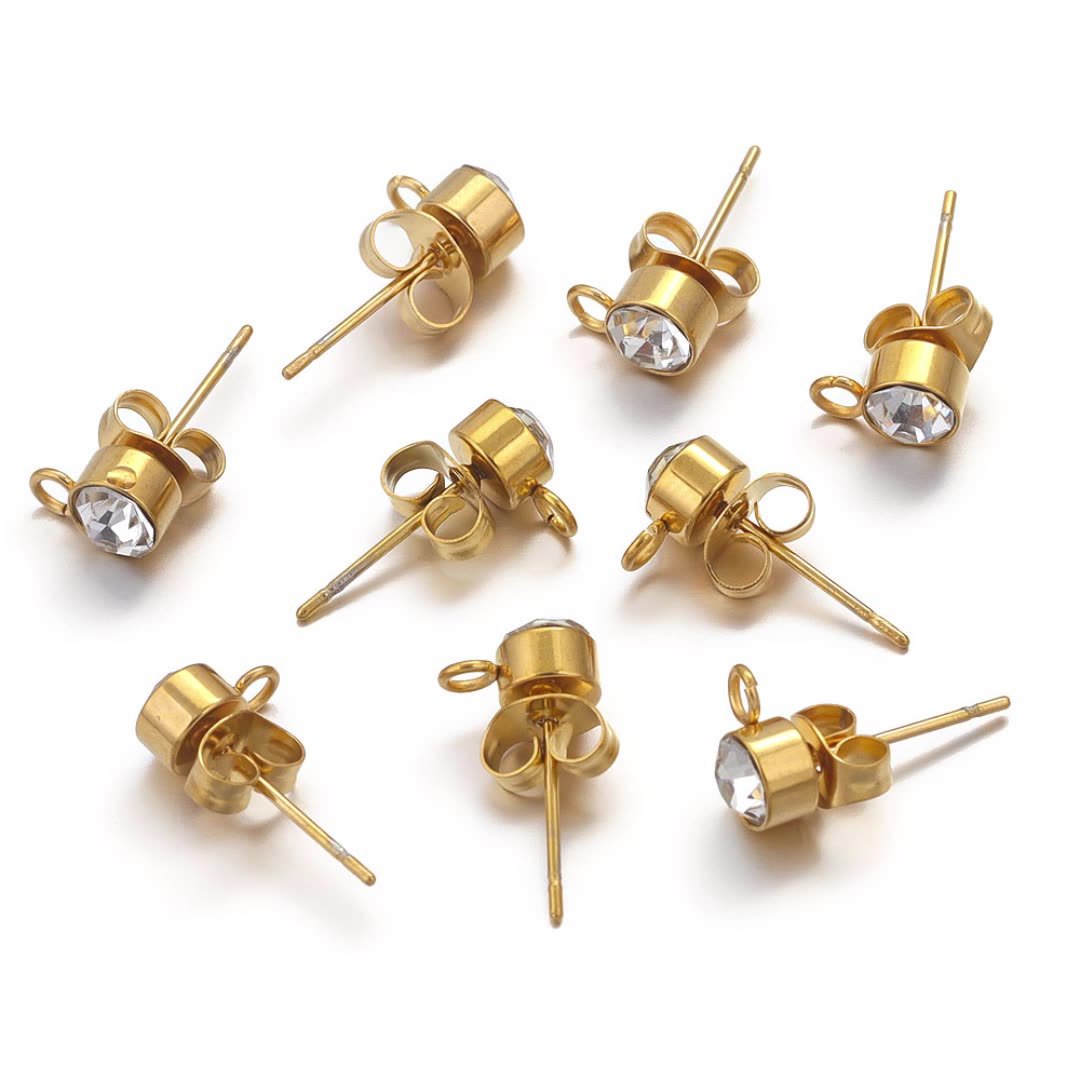 5Pairs DIY Earring Making Parts - Stainless Steel Rhinestone Stud Accessories, Beaded Hoop Round Bead Pieces