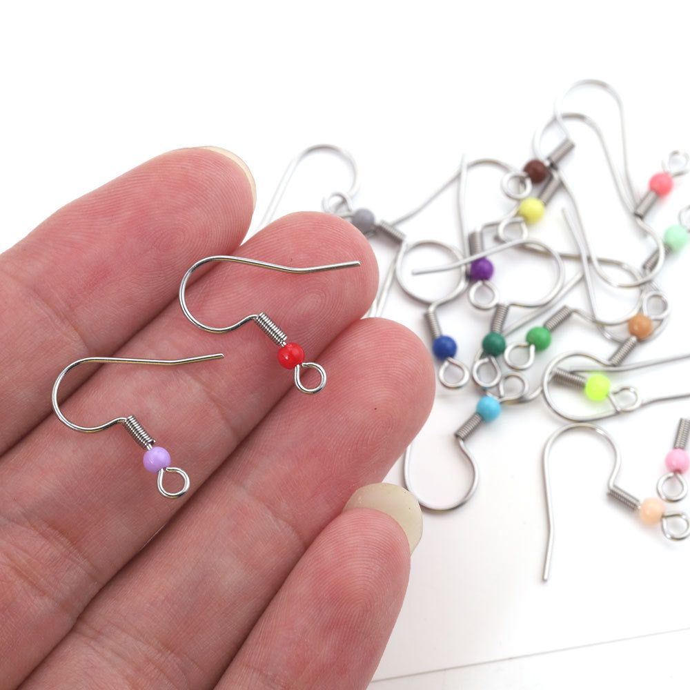 50PCS Stainless Steel Spring Ear Hooks with Round Beads | Colorful Earring Components, DIY Jewelry Supplies for Handmade Earrings