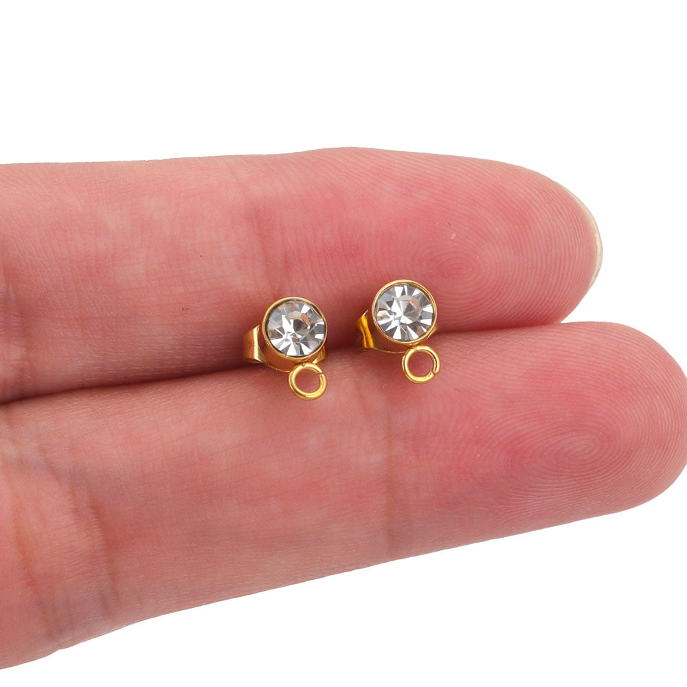5Pairs DIY Earring Making Parts - Stainless Steel Rhinestone Stud Accessories, Beaded Hoop Round Bead Pieces