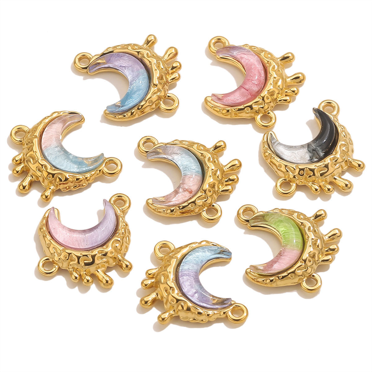 Stainless Steel Starry Sky Moon Pendant | Dreamy Colorful Double-Hole Charm, DIY Accessory for Necklace Making & Jewelry Craft