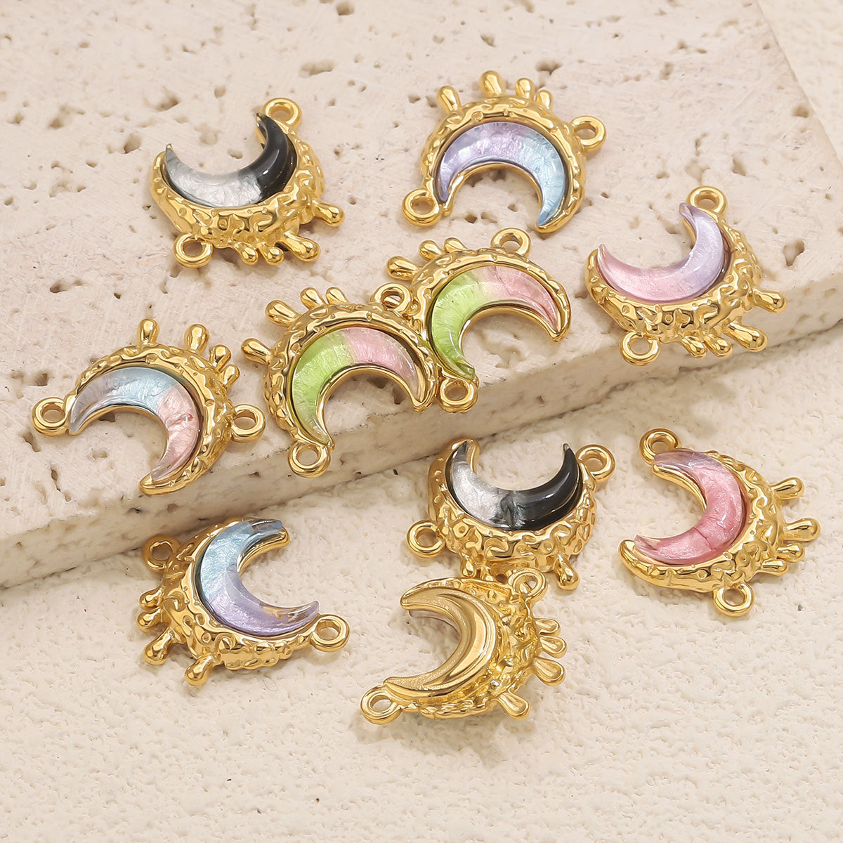 Stainless Steel Starry Sky Moon Pendant | Dreamy Colorful Double-Hole Charm, DIY Accessory for Necklace Making & Jewelry Craft