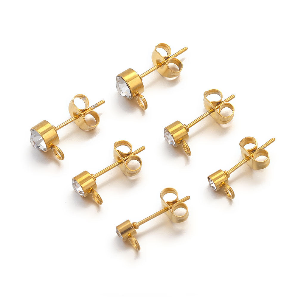 5Pairs DIY Earring Making Parts - Stainless Steel Rhinestone Stud Accessories, Beaded Hoop Round Bead Pieces