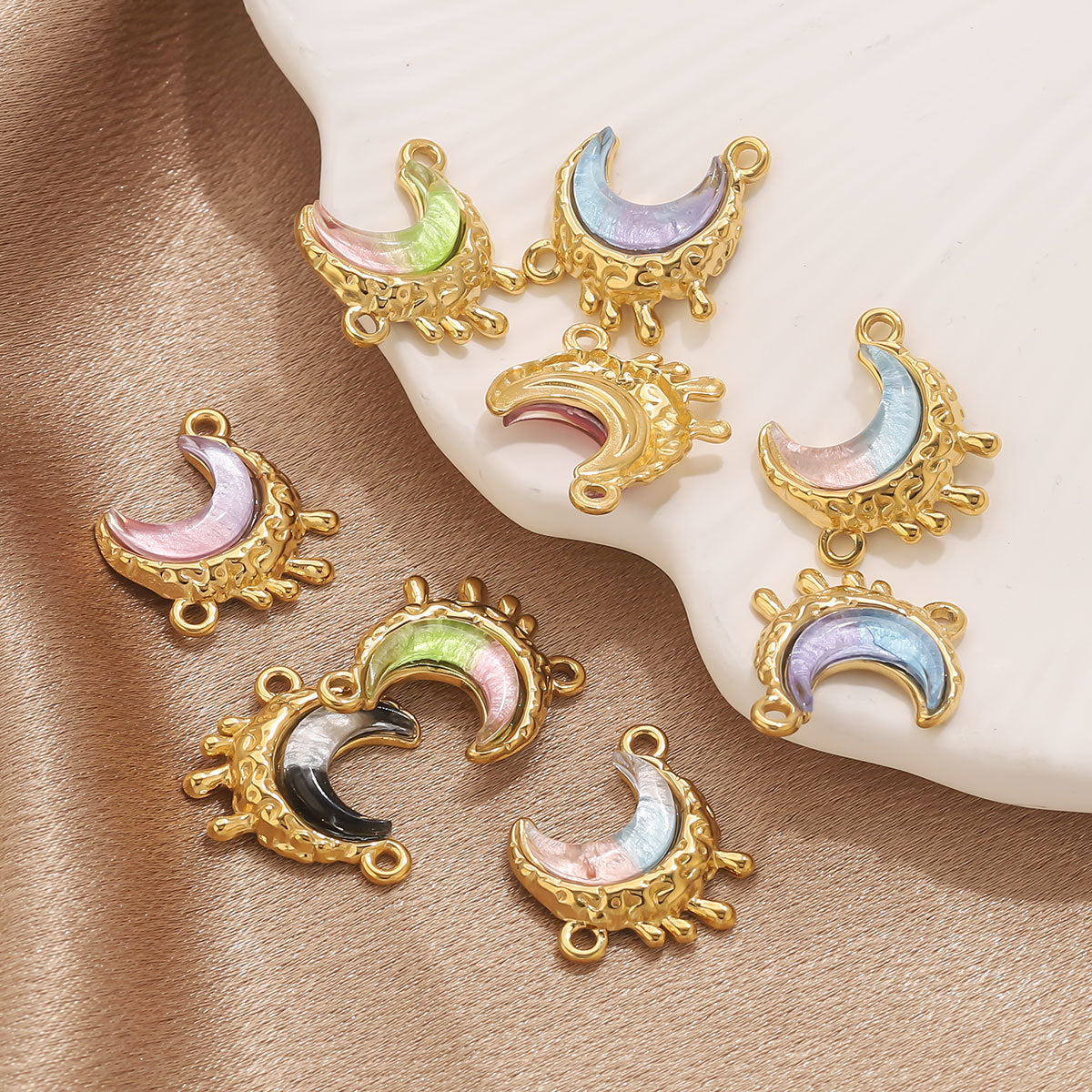 Stainless Steel Starry Sky Moon Pendant | Dreamy Colorful Double-Hole Charm, DIY Accessory for Necklace Making & Jewelry Craft