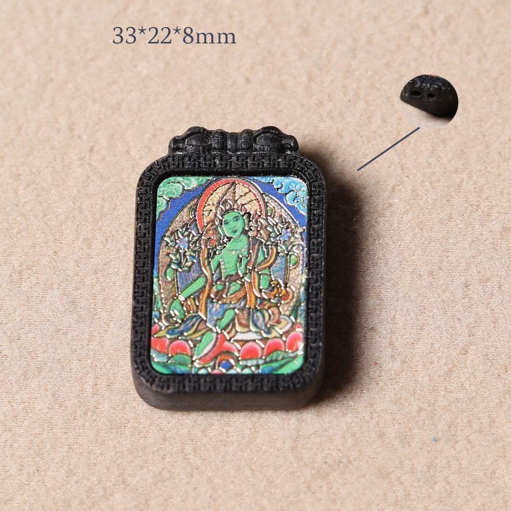 Handmade Agarwood Painted Green Tara Dzi Ram Pendant Accessories - DIY Jewelry Making Supplies for Spiritual Craft