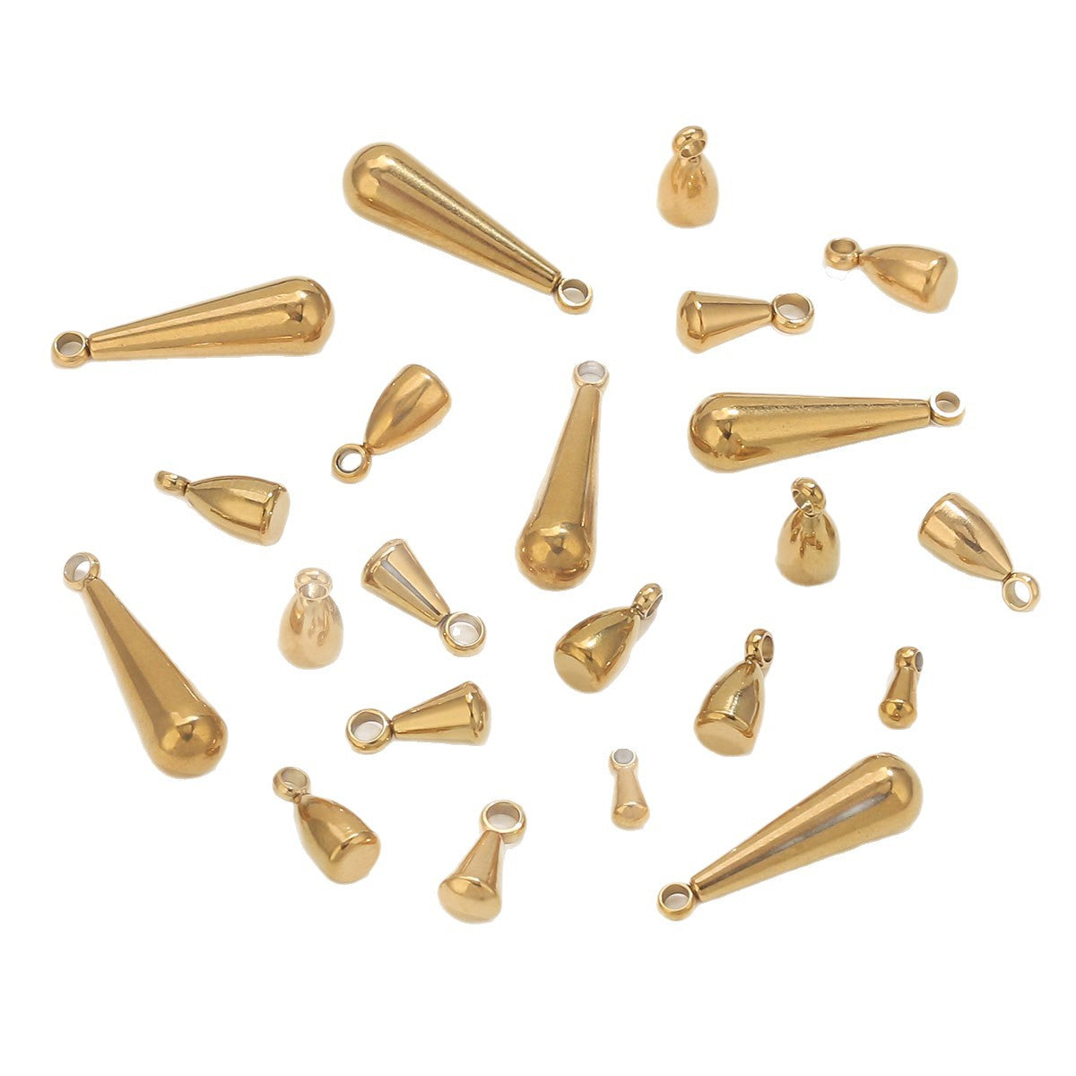 50PCS Water Drop Stainless Steel Pendant End Beads | Gold-Plated Titanium Steel | Multiple Sizes | DIY Jewelry Making Supplies