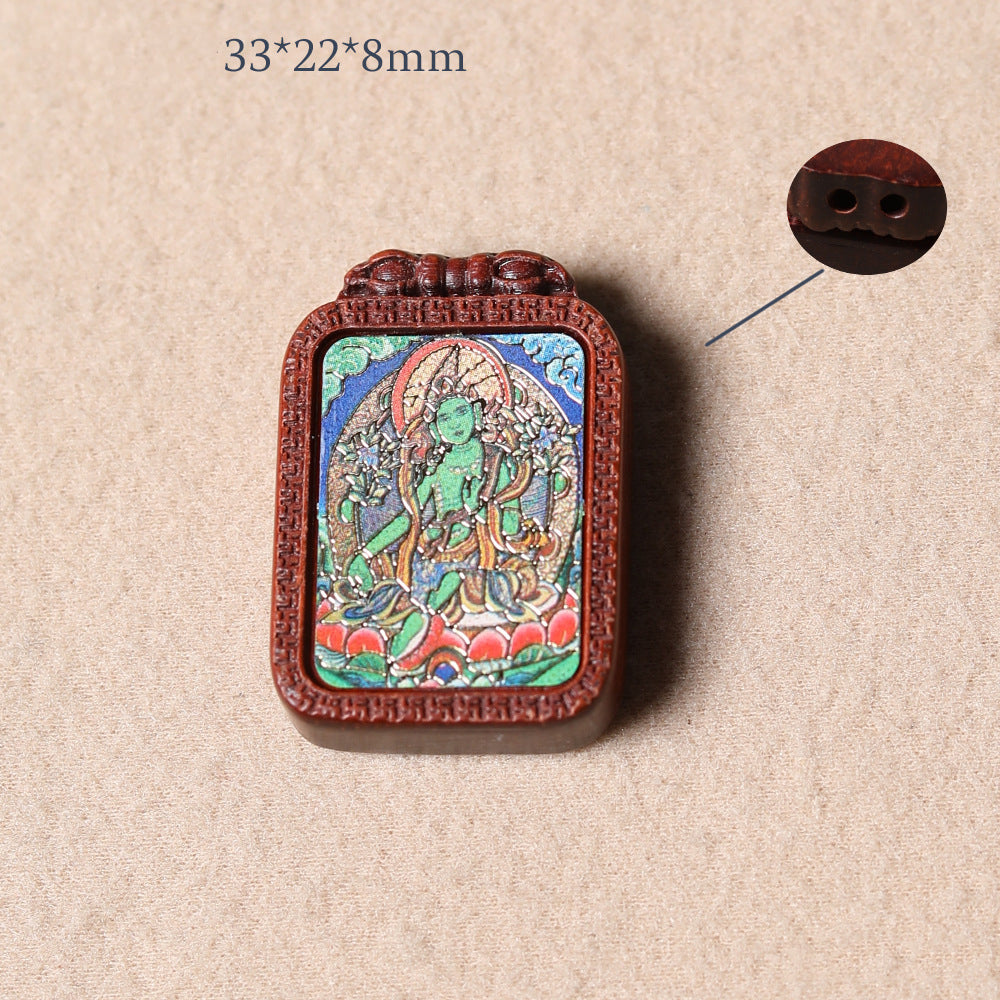 Handmade Agarwood Painted Green Tara Dzi Ram Pendant Accessories - DIY Jewelry Making Supplies for Spiritual Craft