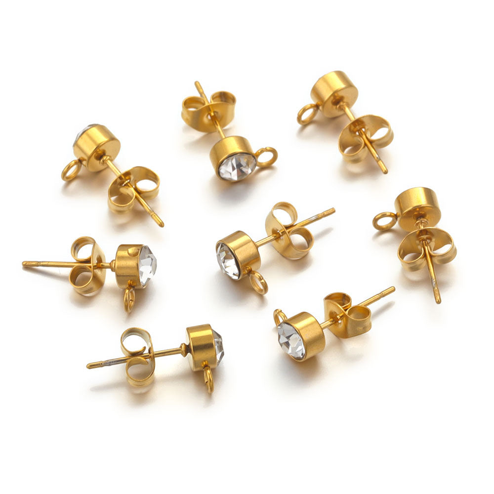 5Pairs DIY Earring Making Parts - Stainless Steel Rhinestone Stud Accessories, Beaded Hoop Round Bead Pieces