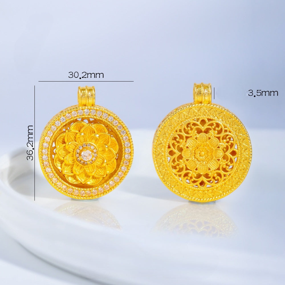 Bohemian Sand Gold Pendant | Rotatable Compass with Lotus & Peony Design | Dainty Vintage Necklace for Women