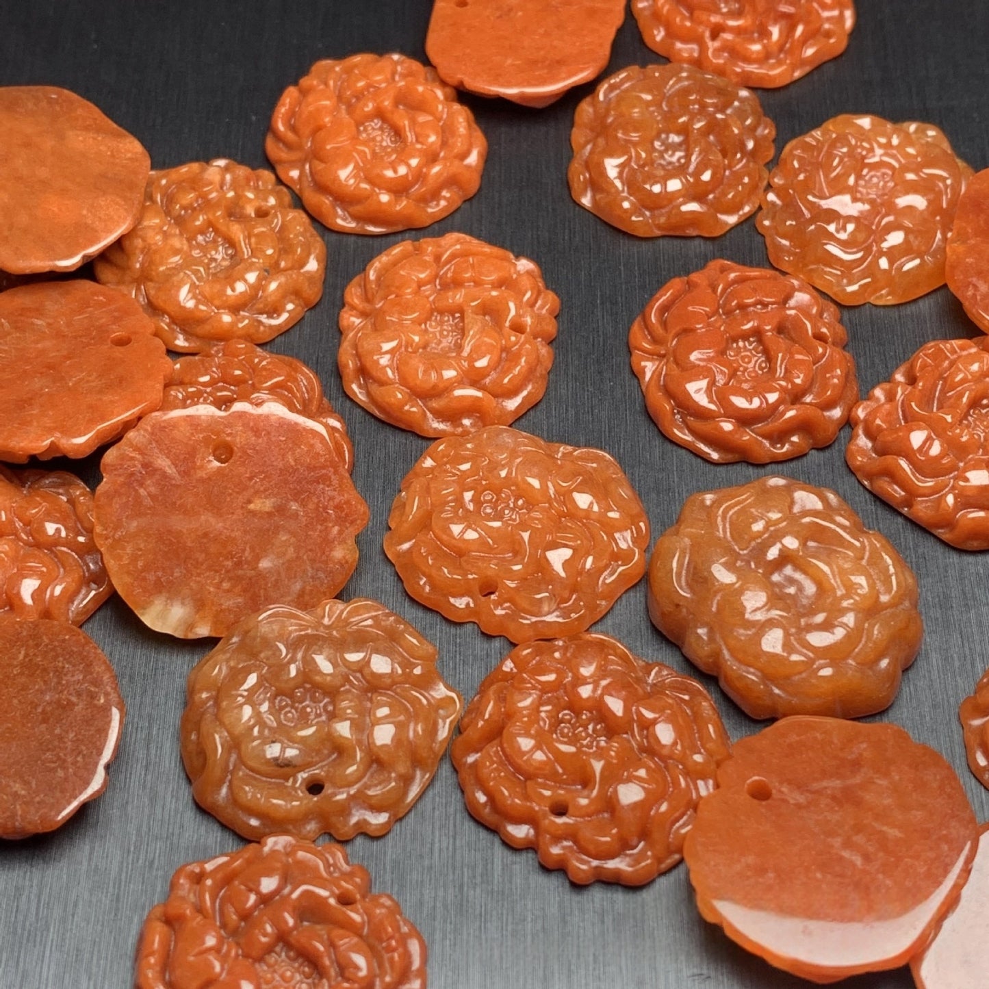 Natural Red Jadeite Peony Flower Pendant – 21x25mm Auspicious Blossom Charm for Handmade Jewelry