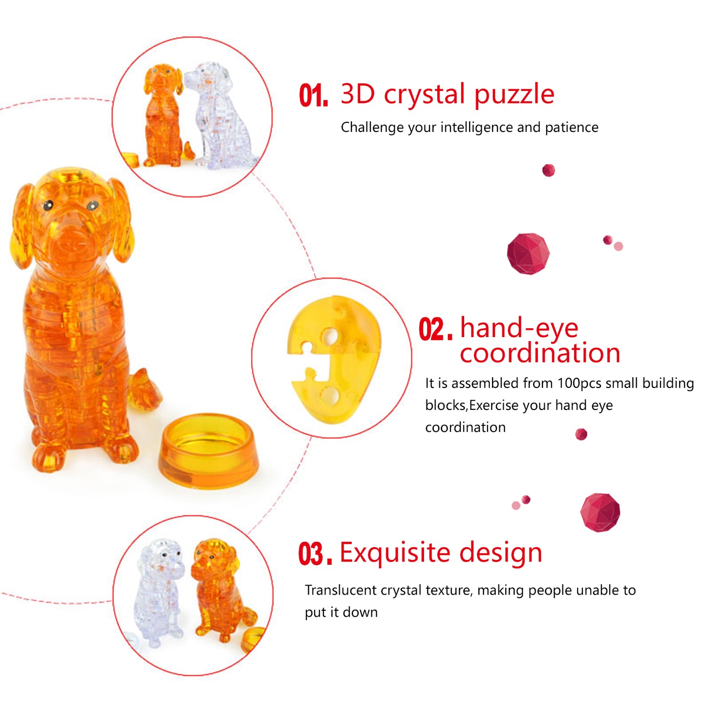3D Crystal Puzzle Dog, Crystal Puzzle Brainteasers for Puzzlers Ages 16 and Up, 41PCS