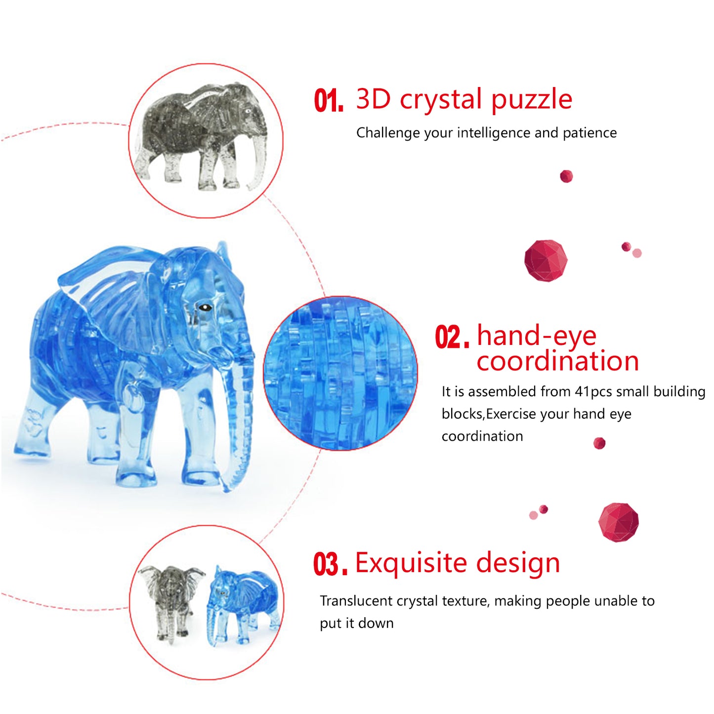 3D Crystal Puzzle Elephant, Crystal Puzzle Brainteasers for Puzzlers Ages 16 and Up, 41PCS
