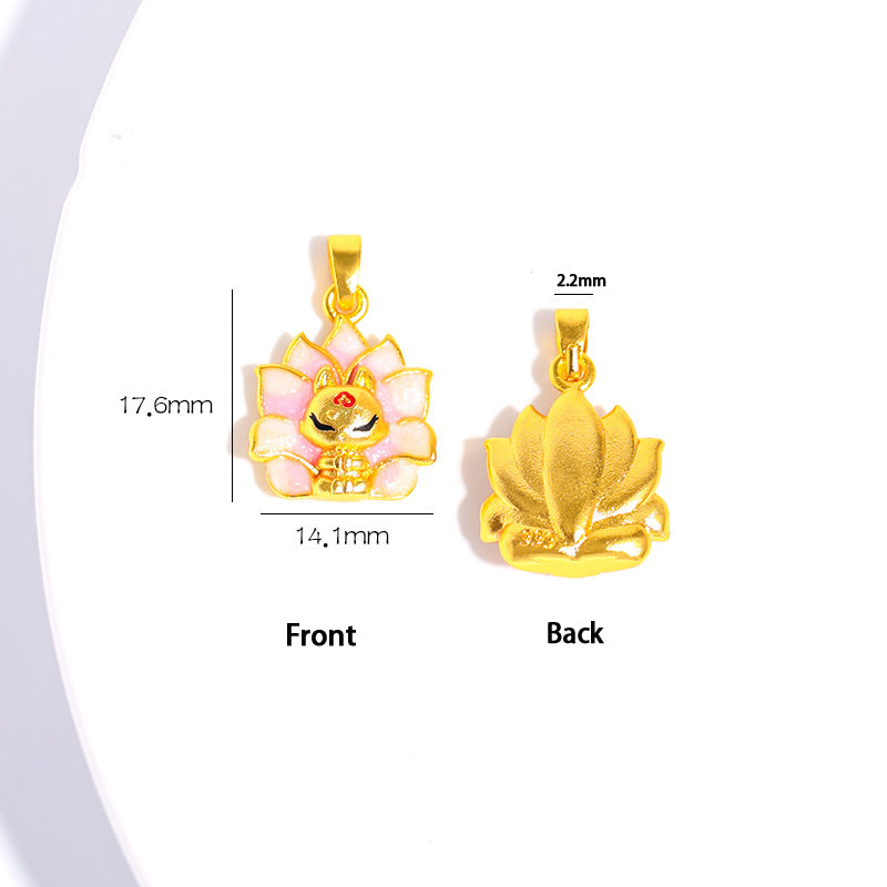 24K Gold Plated Copper Pink Nine-Tailed Fox Pendant | Handcrafted Lucky Charm Necklace Accessory