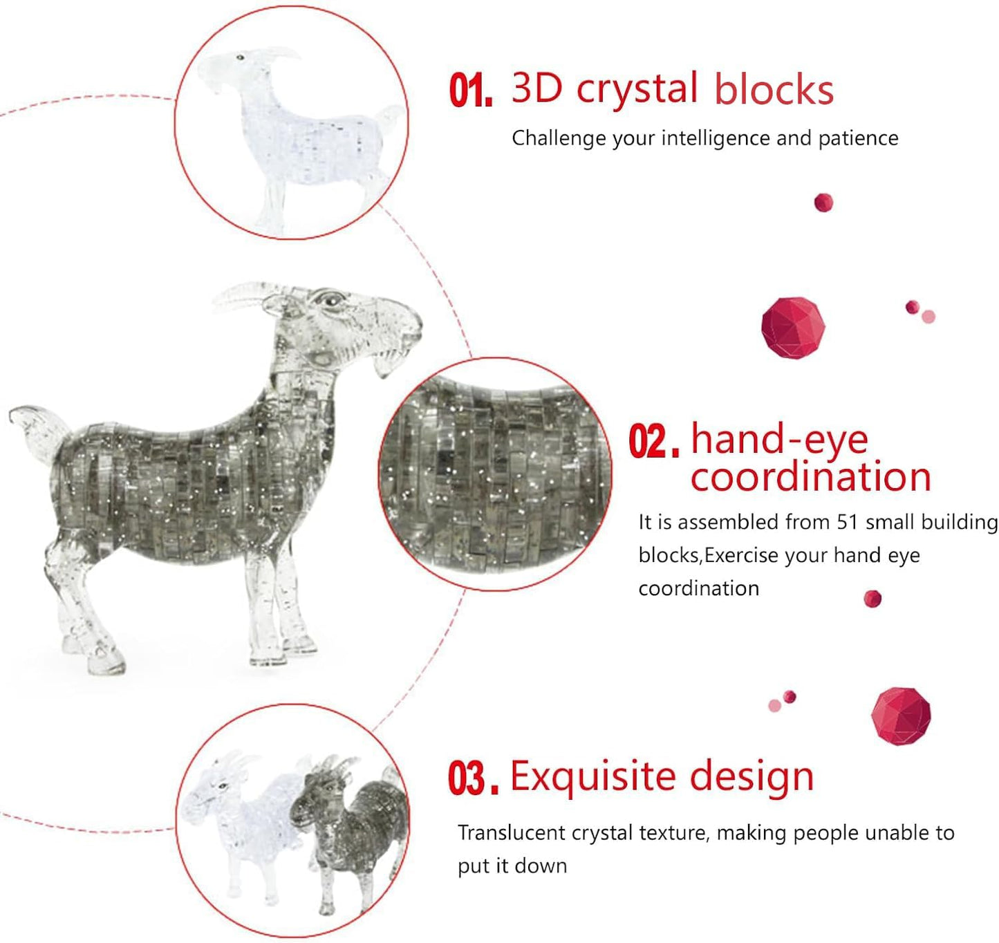 3D Crystal Puzzle Goat, Crystal Puzzle Brainteasers for Puzzlers Ages 16 and Up, 51PCS