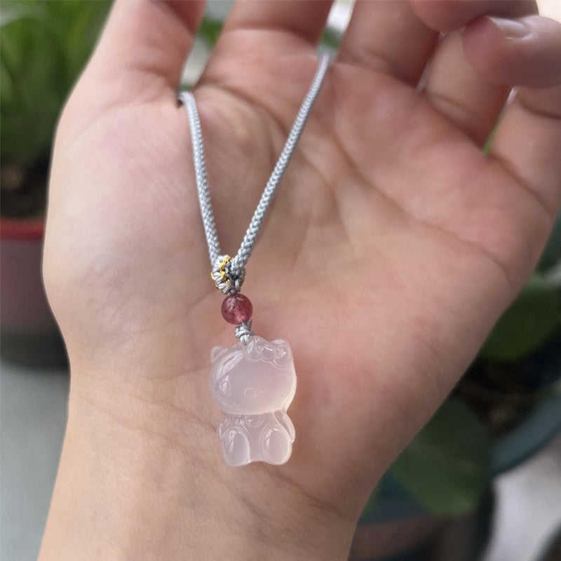 Natural Agate Hello Kitty Pendant, Carved Crystal Cat Charm, Kawaii Stone Pendant for DIY Necklace, Cute Gemstone Jewelry Supplies