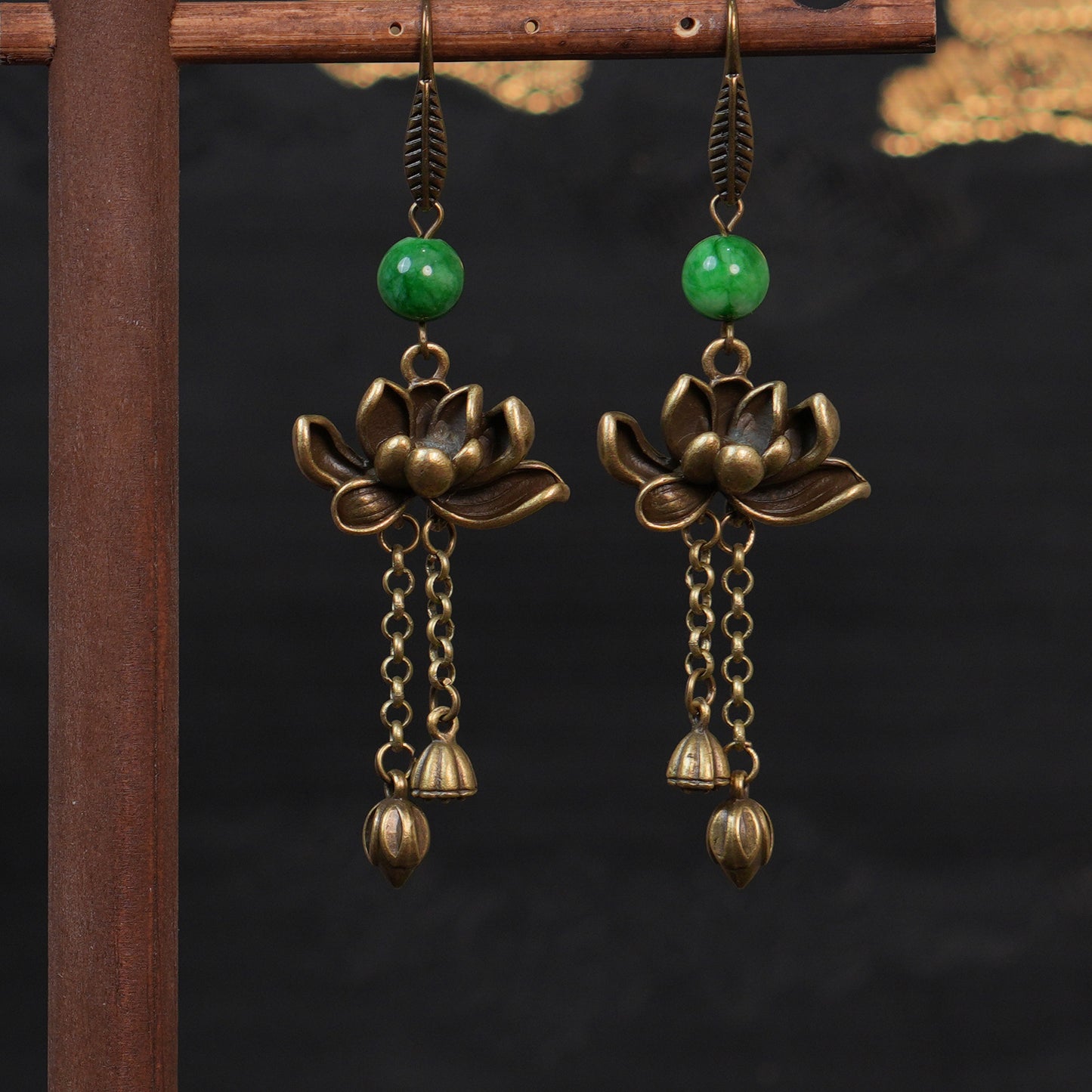 Handmade Retro Brass Lotus Dangle Earrings with Green Jade Beads | Chinese Traditional Zen Floral jewelry for Women