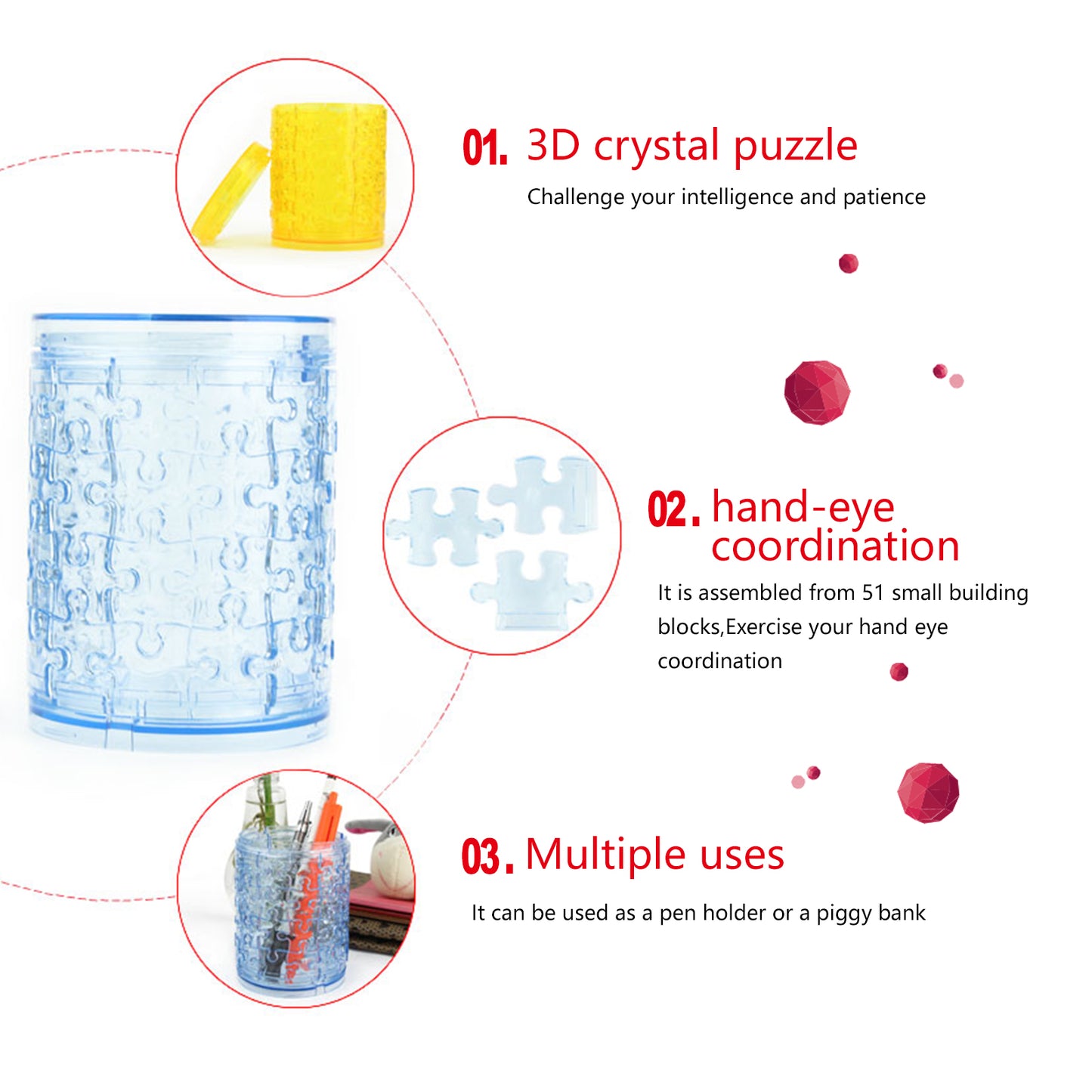 3D Crystal Puzzle Pen Container, Crystal Puzzle Brainteasers for Puzzlers Ages 16 and Up, 51PCS