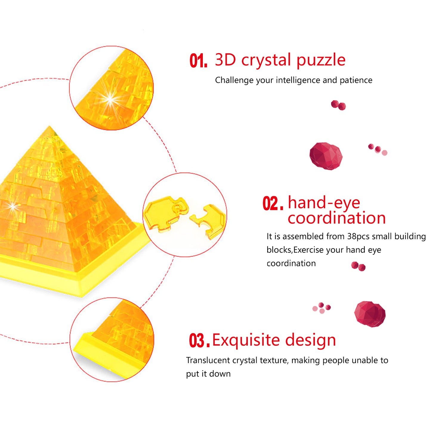 3D Crystal Puzzle Pyramid, Crystal Puzzle Brainteasers for Puzzlers Ages 16 and Up, 38PCS