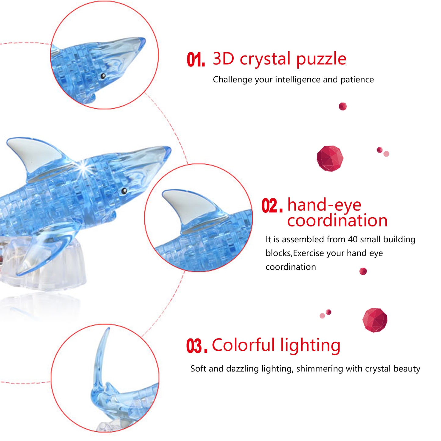 3D Crystal Puzzle Shark, Crystal Puzzle Brainteasers for Puzzlers Ages 16 and Up, 40PCS