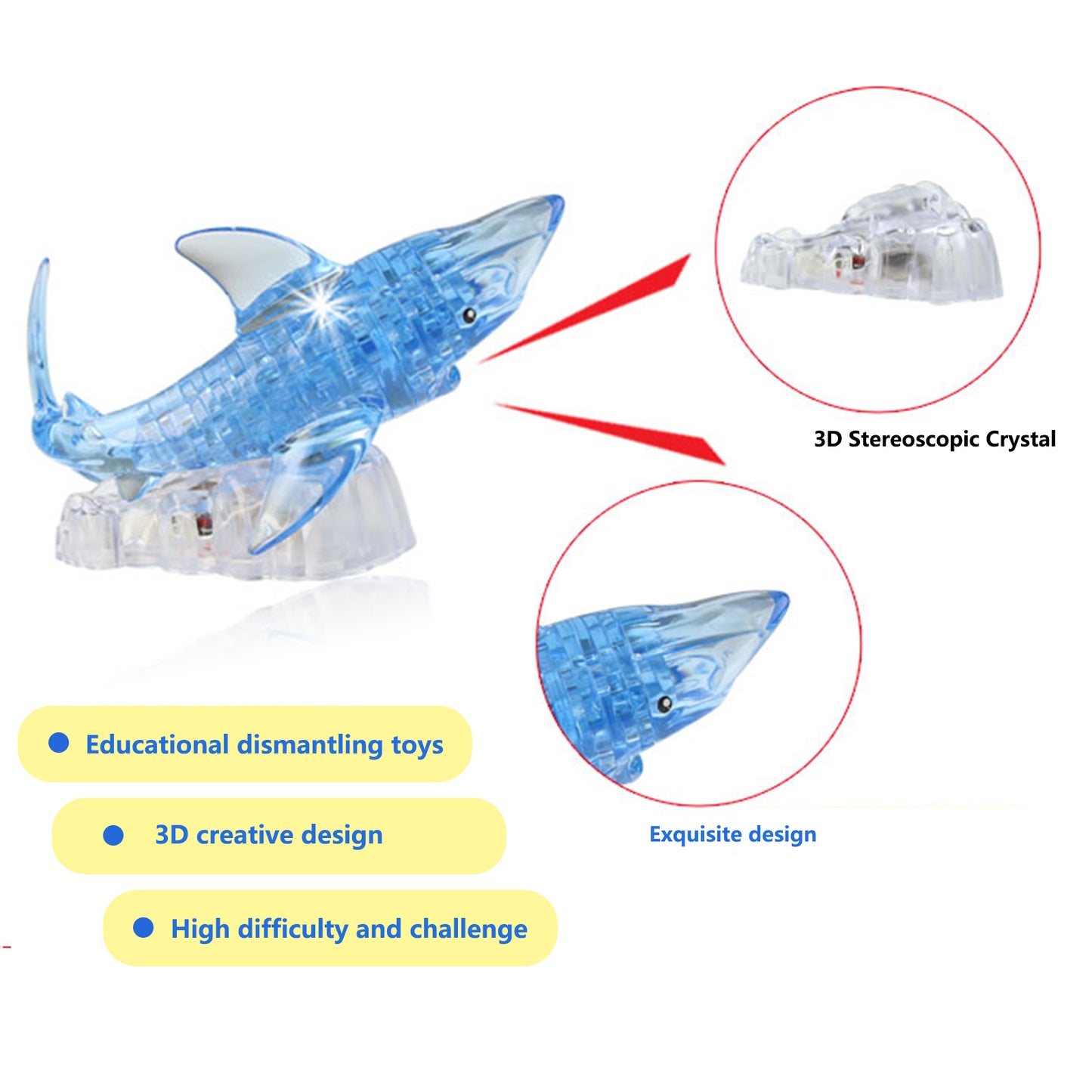 3D Crystal Puzzle Shark, Crystal Puzzle Brainteasers for Puzzlers Ages 16 and Up, 40PCS
