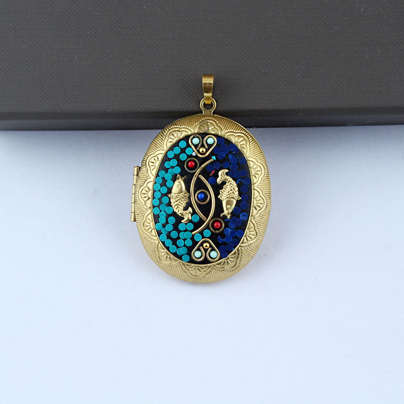 Nepali Buddha Inlay Craft Brass Gau Pendant - Handmade Buddhist Sacred Locket Jewelry