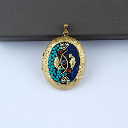 Nepali Buddha Inlay Craft Brass Gau Pendant - Handmade Buddhist Sacred Locket Jewelry