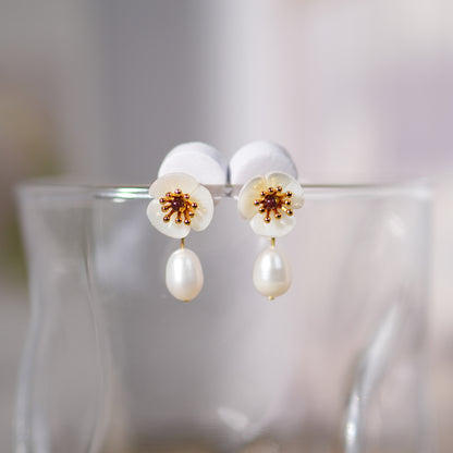 Natural Mother of Pearl Flower with Pearl Dangle Drop Earrings, Gold Plated S925 Sterling Silver Pearl Stud Earring, Mother's Day Gift